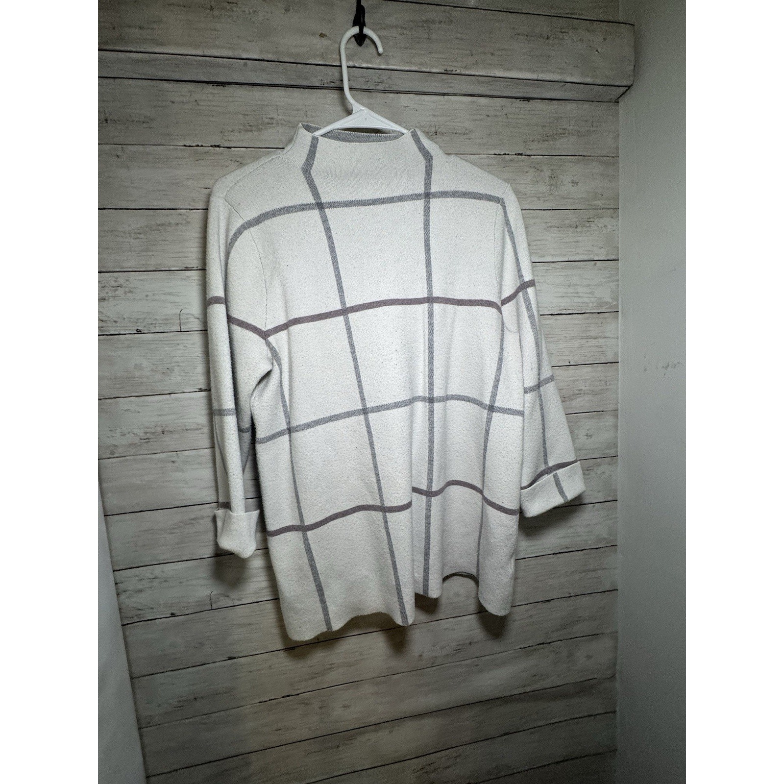 Tahari Women's White Windowpane Plaid Mock Neck Long Sleeve Sweater Top Size L